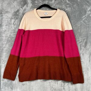 J Crew Women Sweater  Large Pink Brown Crew Neck  Color Block Wool Blend